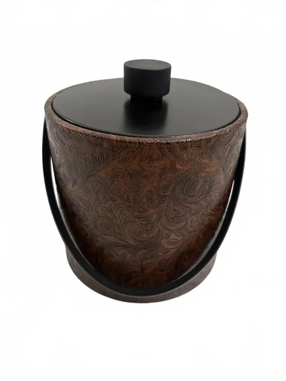Irvinware | MCM Vintage Ice Bucket Brown Black Faux Leather Floral Embossed Lid
